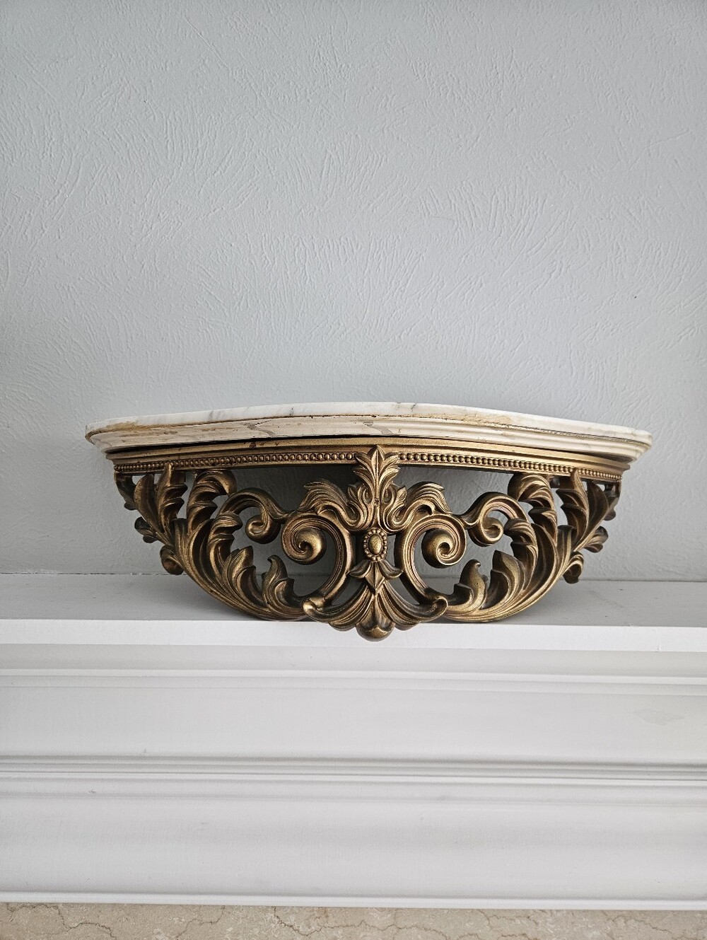 Vintage Turner Manufacturing Ornate Gold Half Moon Wall Shelf With Marble Top